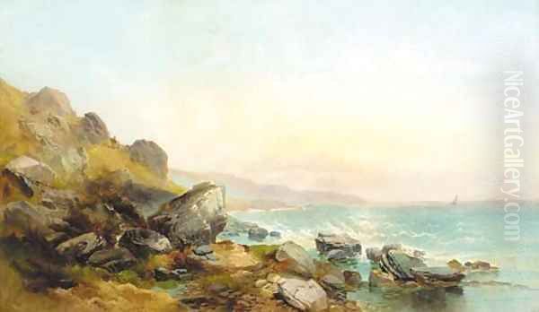 Figures on a coastal path at sunset Oil Painting by Joseph Horlor