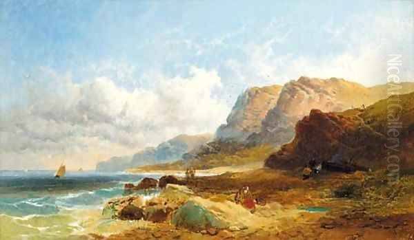 Fisherfolk on the shore; and Cattle watering in an extensive river landscape Oil Painting by Joseph Horlor