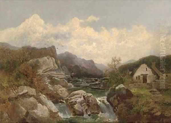 A cottage beside a rocky mountain stream Oil Painting by Joseph Horlor