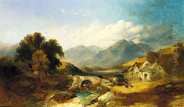 A drover with cattle on a bridge in a Highland landscape Oil Painting by Joseph Horlor