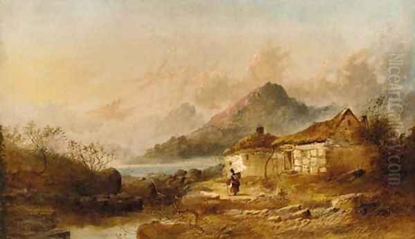 A figure before a cottage in a lake landscape; and Figures resting in a mountainous landscape Oil Painting by Joseph Horlor