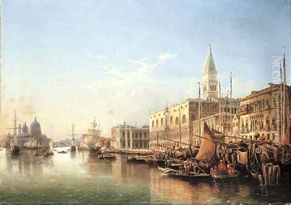 Venice the Riva degli Schiavoni, looking West with the Punta della Dogana and Santa Maria della Salute beyond Oil Painting by Julius Helfft