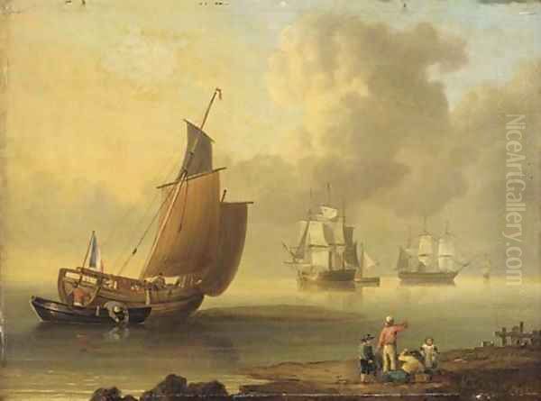 A French lugger and merchantmen in coastal waters Oil Painting by John Ward Of Hull