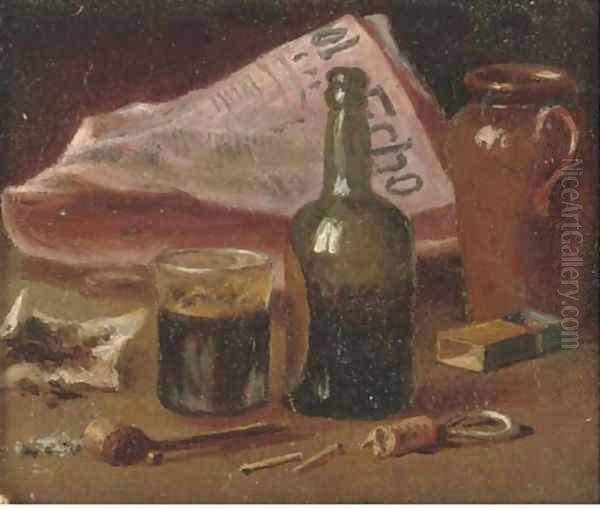 A glass and pipes, with jugs to the side Oil Painting by William Michael Harnett