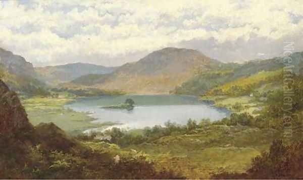 Sheep grazing in a mountainous lake landscape Oil Painting by Edmund Hughes