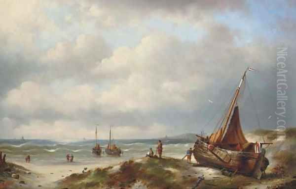 Bomschuiten on the coastline Oil Painting by Jacob Ten Hagen