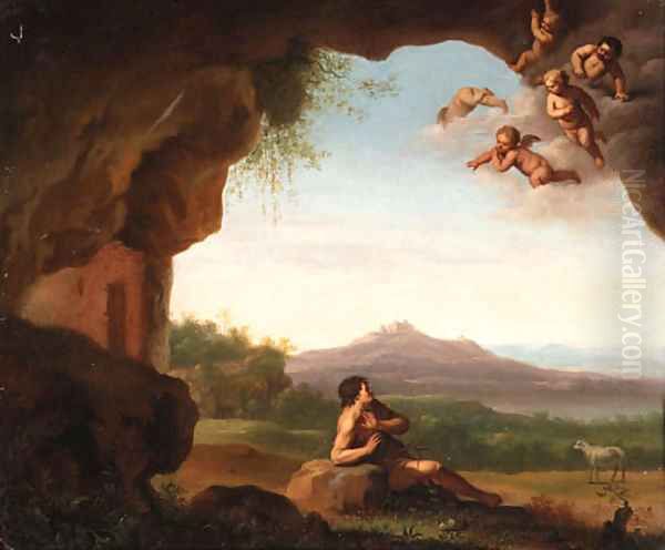 Saint John the Baptist in the Wilderness with Cherubs above Oil Painting by Jan Van Hanesbergen