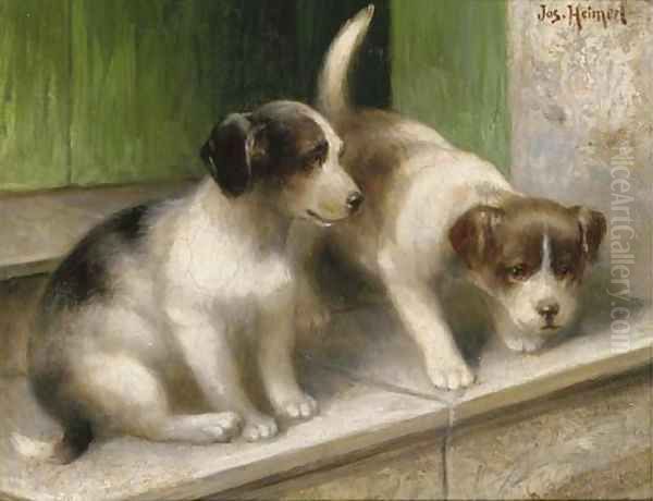 Mischevious puppies Oil Painting by Josef Heimerl