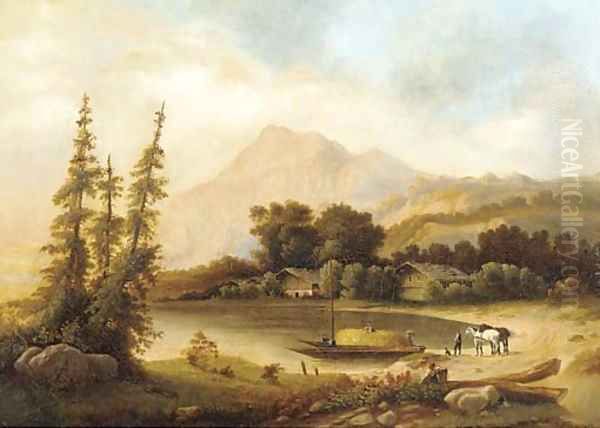 Figures unloading barges on an Alpine lake Oil Painting by Joseph Hutbner