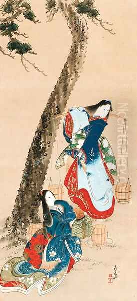 The salt maidens Matsukaze and Murasame from the kabuki dance 'Shiokumi' (Salt gathering) Oil Painting by Katsushika Hokuto