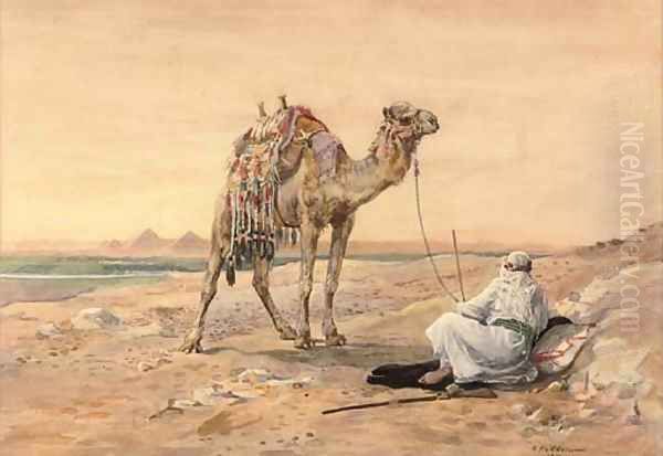 A Bedouin and his camel resting before going down to the Gates of Cairo Oil Painting by Nellie Hadden