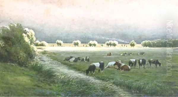 Cows in a polder landscape Oil Painting by Pieter Louis Hoedt