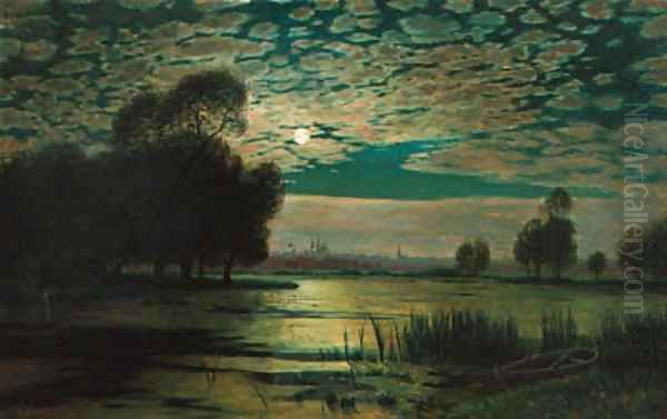 A river landscape by moonlight Oil Painting by Wilhelm Harsing