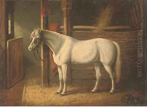 A grey stallion in a stable Oil Painting by John Frederick Herring