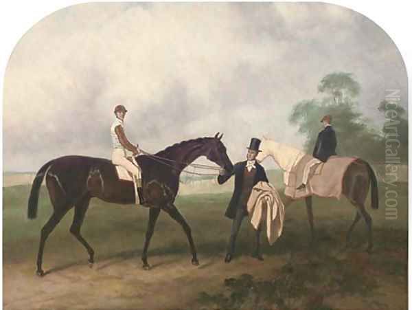 Portrait of a jockey up, on a bay racehorse, held by its owner, a groom on a bay beyond, in a paddock Oil Painting by John Frederick Herring