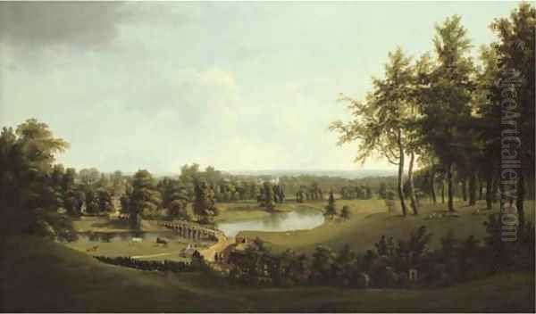 View of a parkland on the Thames, possibly Dorchester House (later Ham Court), near Weybridge Oil Painting by Thomas Christopher Hofland