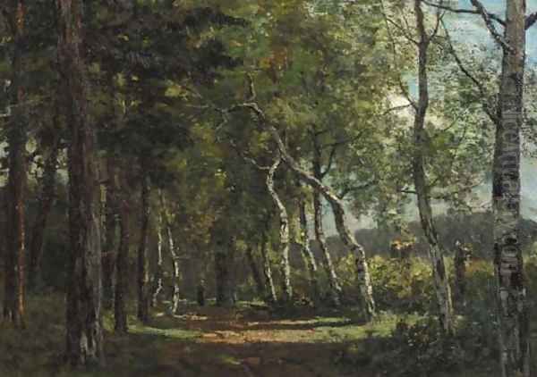 Peasant woman on a birch tree-lined road Oil Painting by Ferdinand Bernhard Hoppe