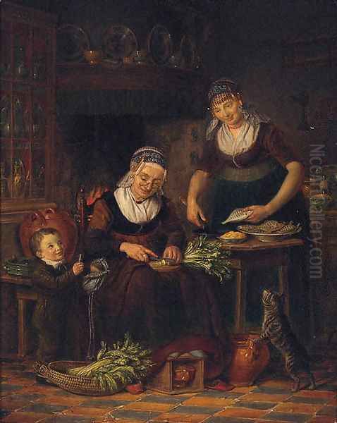 Women preparing a meal in a parlour by a young boy and a cat Oil Painting by Johanus Petrus Van Horstok