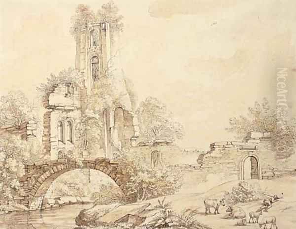 A ruined tower by a bridge, a herdsman asleep in the foreground Oil Painting by Christian Gottlob Hammer