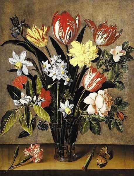 Tulips, daffodils, carnations, a rose and an iris in a berkemeyer with a butterfly on a wooden ledge Oil Painting by Jacob van Hulsdonck