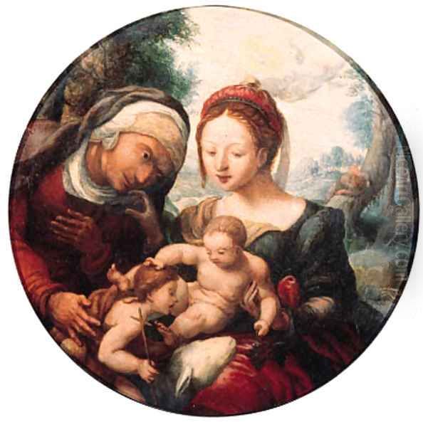 The Madonna and Child adored by Saint Elisabeth and the Infant Saint John the Baptist in a landscape Oil Painting by Jan Sanders Van Hemessen