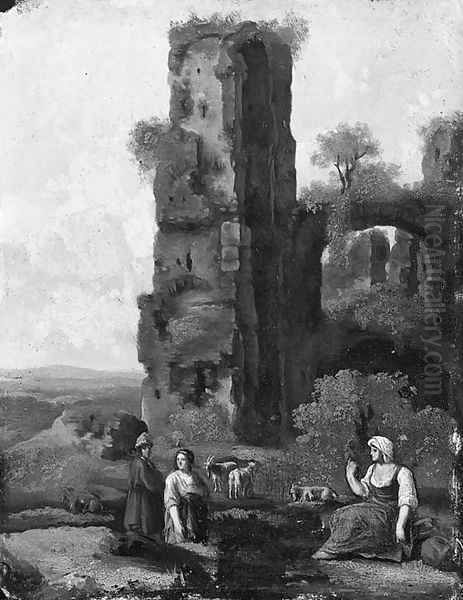 Shepherds resting by classical ruins in an Italianate landscape Oil Painting by Jan van Haensbergen