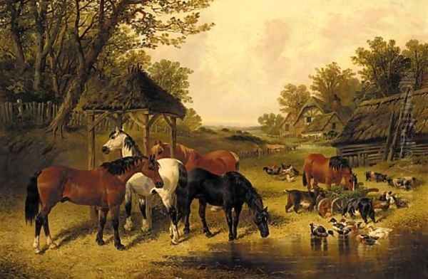 Horses watering in a farmyard with ducks, goats, chickens and pigs Oil Painting by John Frederick Jnr Herring