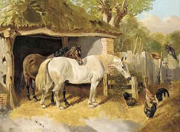 Horses and chickens in a farmyard Oil Painting by John Frederick Jnr Herring