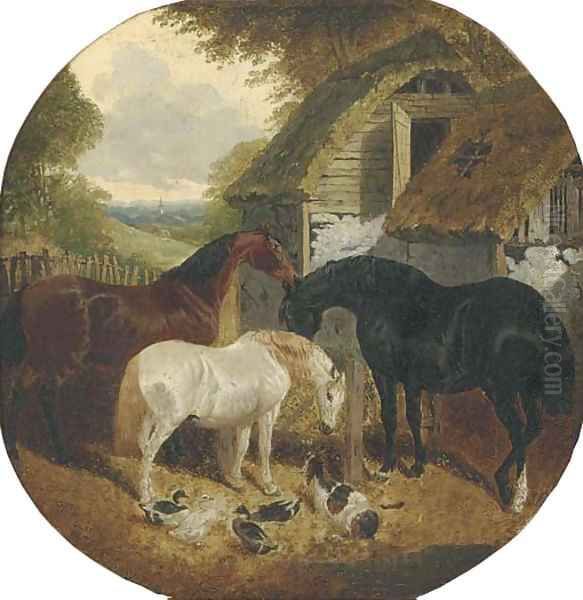 Horses, ducks and a goat, in a farmyard Oil Painting by John Frederick Jnr Herring