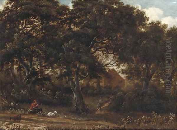 A wooded landscape with a herdsman playing a flute, a traveller on a path toward a house beyond Oil Painting by Meindert Hobbema