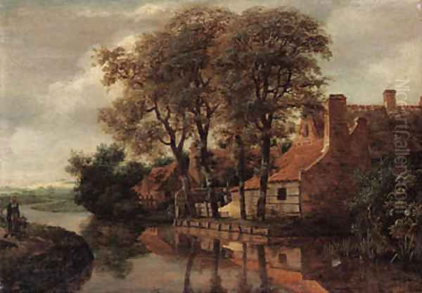 A river landscape with a mother and child on a path and a farmstead beyond Oil Painting by Meindert Hobbema