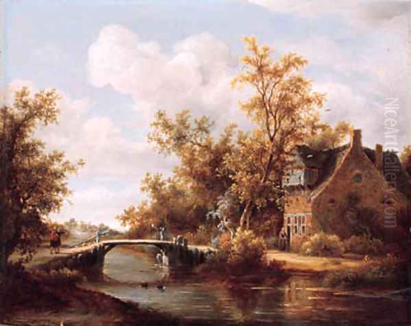 A view on a farm by a canal with travellers on a road by a bridge Oil Painting by Meindert Hobbema