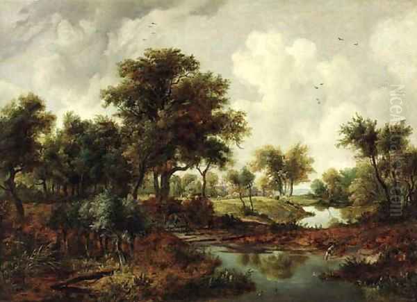 A wooded river landscape with a man on horseback and a dog on the bank Oil Painting by Meindert Hobbema