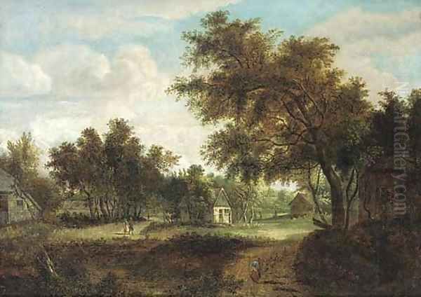 A wooded village landscape with peasants on a track Oil Painting by Meindert Hobbema