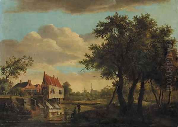 Anglers seated on a river bank by a watermill, a church in the distance Oil Painting by Meindert Hobbema