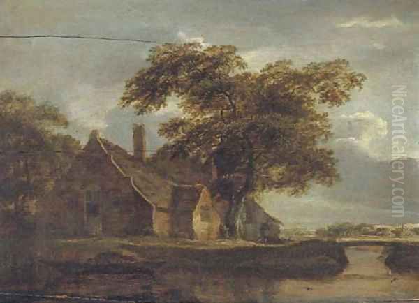 A landscape with a cottage and a traveller by a river Oil Painting by Meindert Hobbema