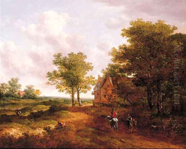 A traveller conversing with a peasantwoman on a track by an inn Oil Painting by Meindert Hobbema