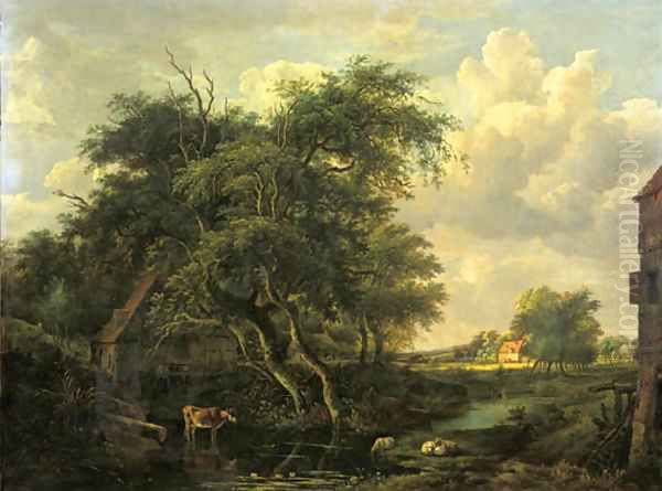 A watermill in a wooded landscape in summer Oil Painting by Meindert Hobbema