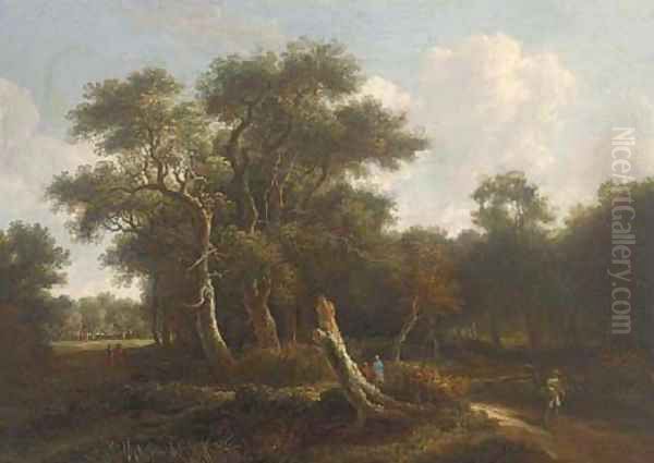 A wooded landscape with travellers on a path Oil Painting by Meindert Hobbema