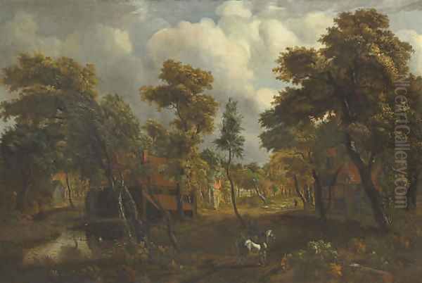 A wooded river landscape with travelers on a path Oil Painting by Meindert Hobbema