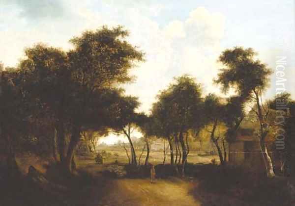 Figures by a woodland cottage Oil Painting by Meindert Hobbema