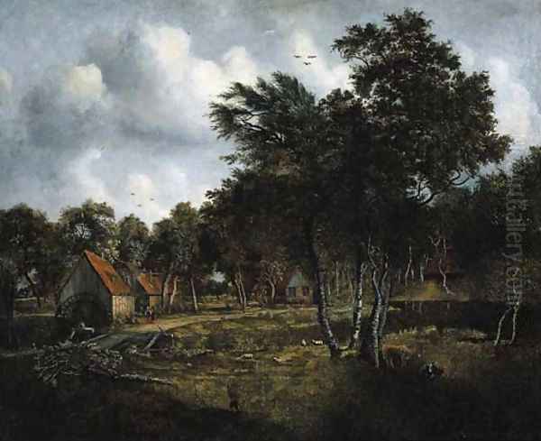 Peasants on a track by a watermill in a wooded landscape Oil Painting by Meindert Hobbema