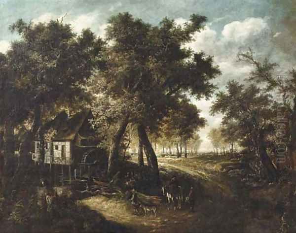 A wooded landscape with travellers approaching a watermill Oil Painting by Meindert Hobbema