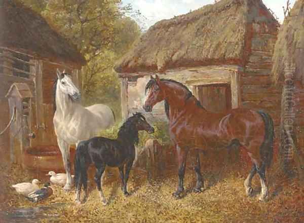 Horses and ducks in a farmyard Oil Painting by Benjamin Jnr Herring