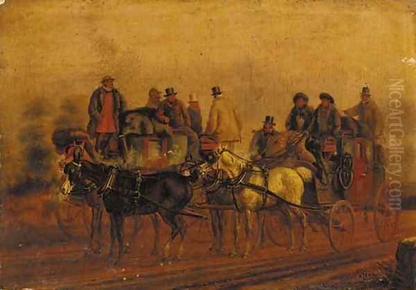 Two coaches on a road Oil Painting by Charles Cooper Henderson