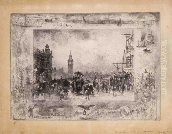 Westminster Bridge, Ou Westminster Clock Tower Oil Painting by Felix-Hilaire Buhot