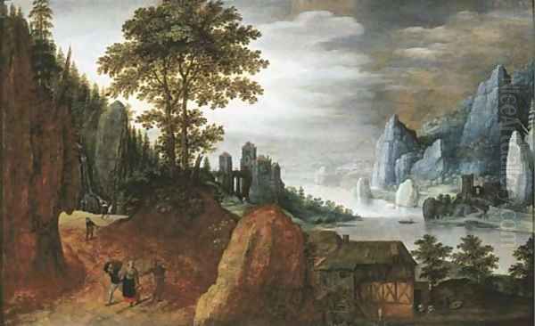 Peasants on a path in a rocky landscape, near a farmhouse with a watermill, a castle beyond Oil Painting by Tobias van Haecht (see Verhaecht)