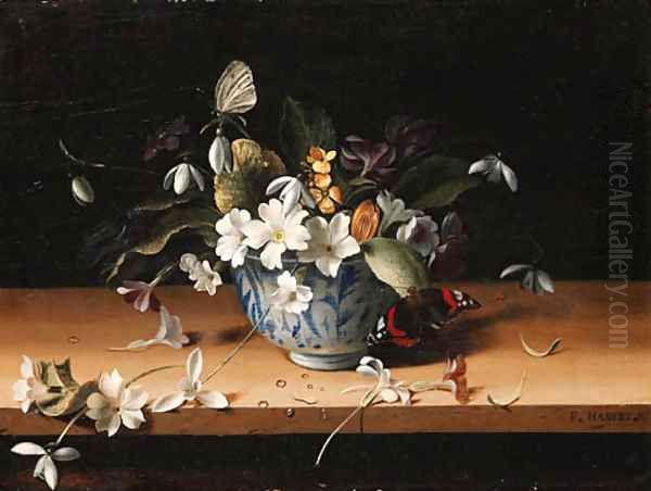 Stephanotis, primroses, snowdrops and other flowers in a blue and white Chinese bowl Oil Painting by Francois Habert