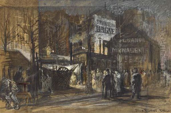 Une Scene Nocturne Avec Le 
Boulevard Montmartre, La Taverne Du Bagne Et La Menagerie Pezon Au Fond Oil Painting by Felix-Hilaire Buhot