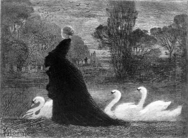 La Dame Aux Cygnes (souvenir De Barham Court, Kent). 1879. Oil Painting by Felix-Hilaire Buhot